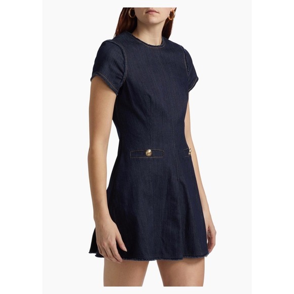 cinq a sept Dresses & Skirts - Cinq a Sept Denim Sheath Dress Gold Button Fringe Detail Short Sleeve